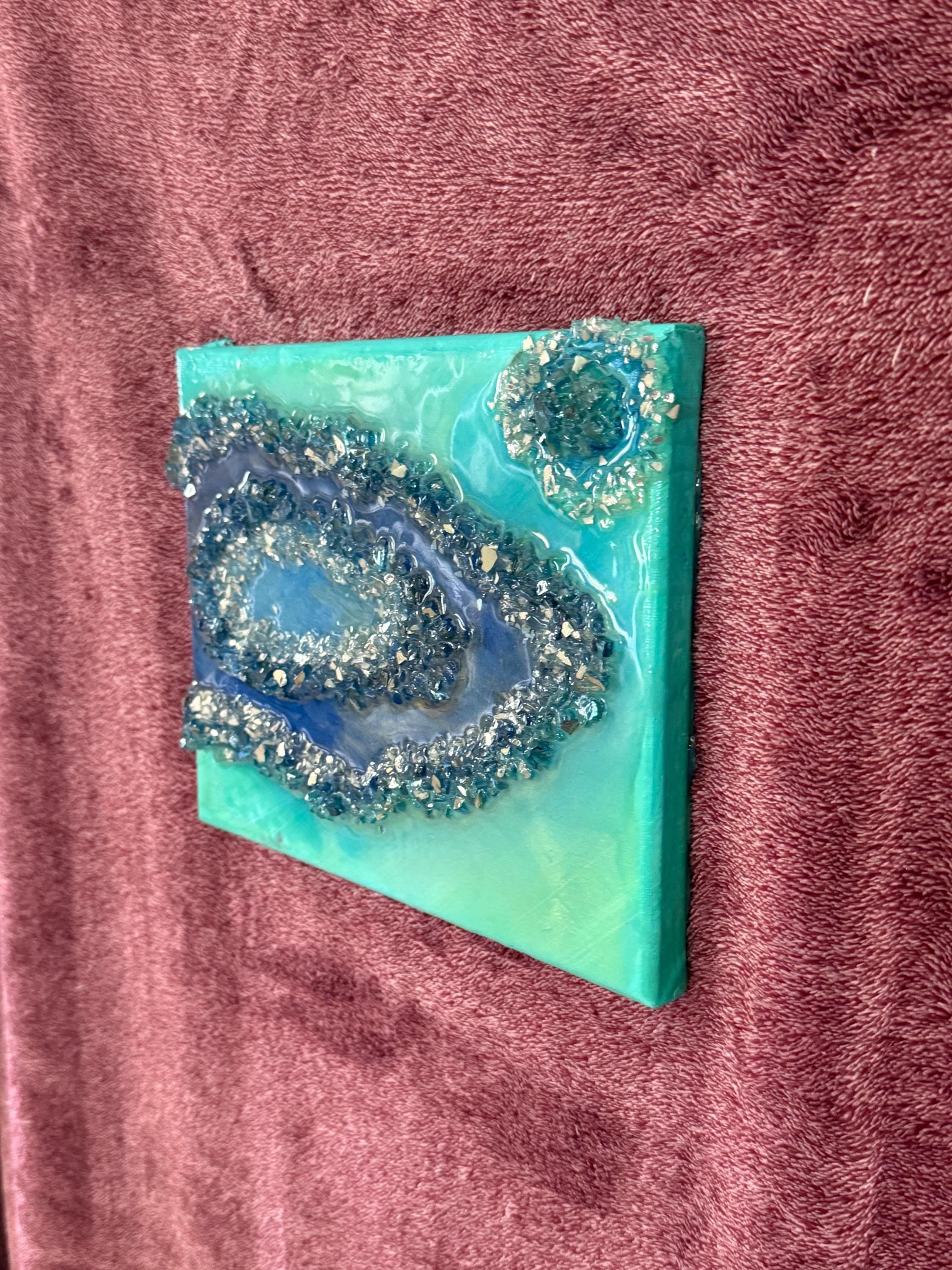 Textured Ocean Geode Artwork with Crushed Glass and Crystals