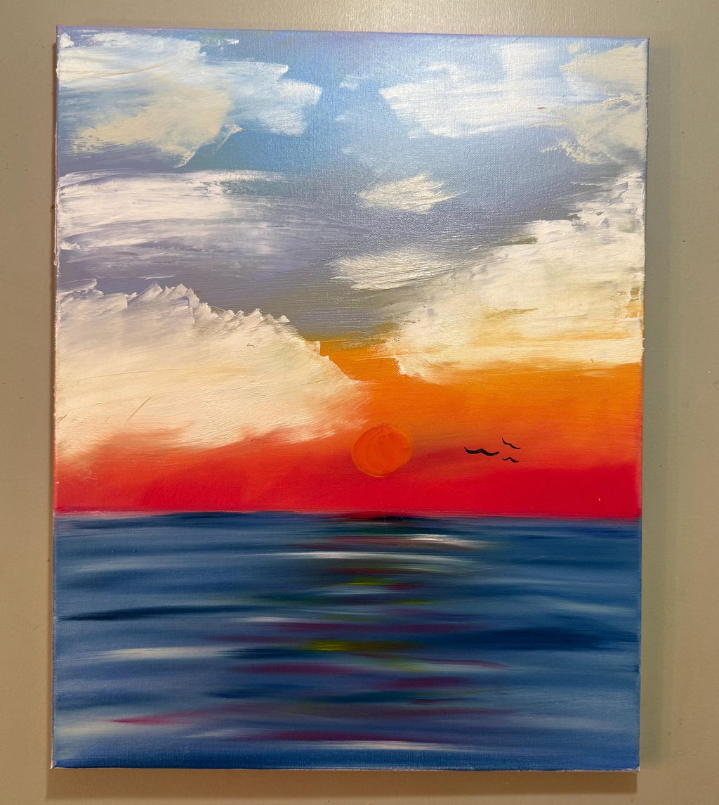 Hand-Painted Ocean Sunset Canvas Art: Fiery Horizon, Calm Waves, Serene Sky