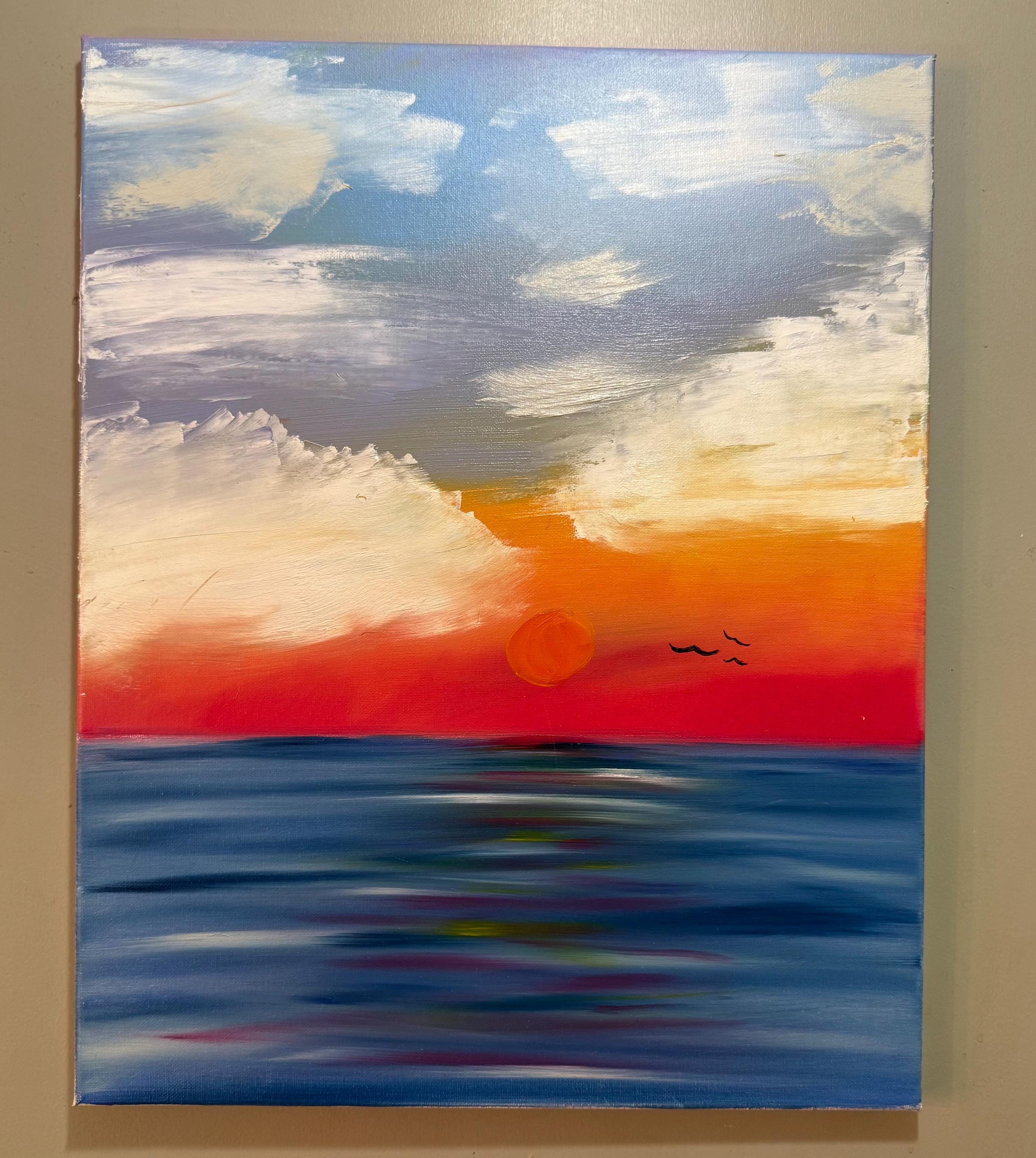 Hand-Painted Ocean Sunset Canvas Art: Fiery Horizon, Calm Waves, Serene Sky