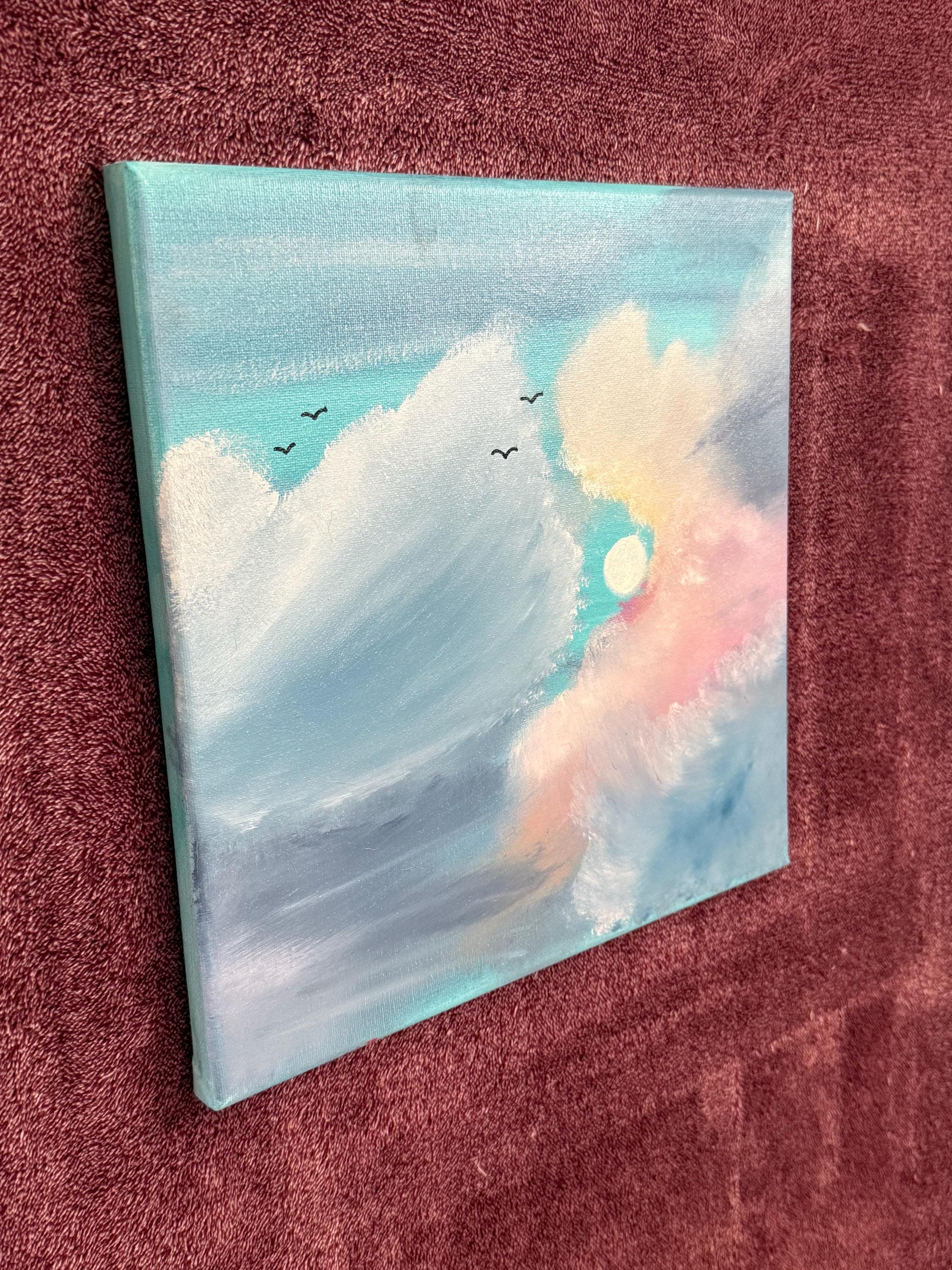 Original Hand-Painted Cloudscape: Ethereal Sky, Birds, Sunset Colors – Peaceful Wall Art