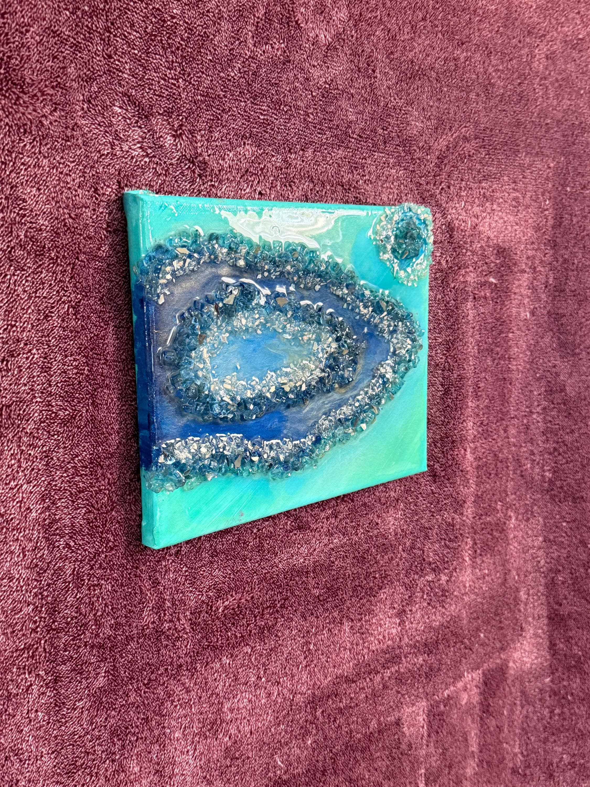 Textured Ocean Geode Artwork with Crushed Glass and Crystals