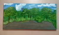 Hand-Painted Forest Landscape Canvas: Serene Trees, Earthy Pond, Blue Sky Art