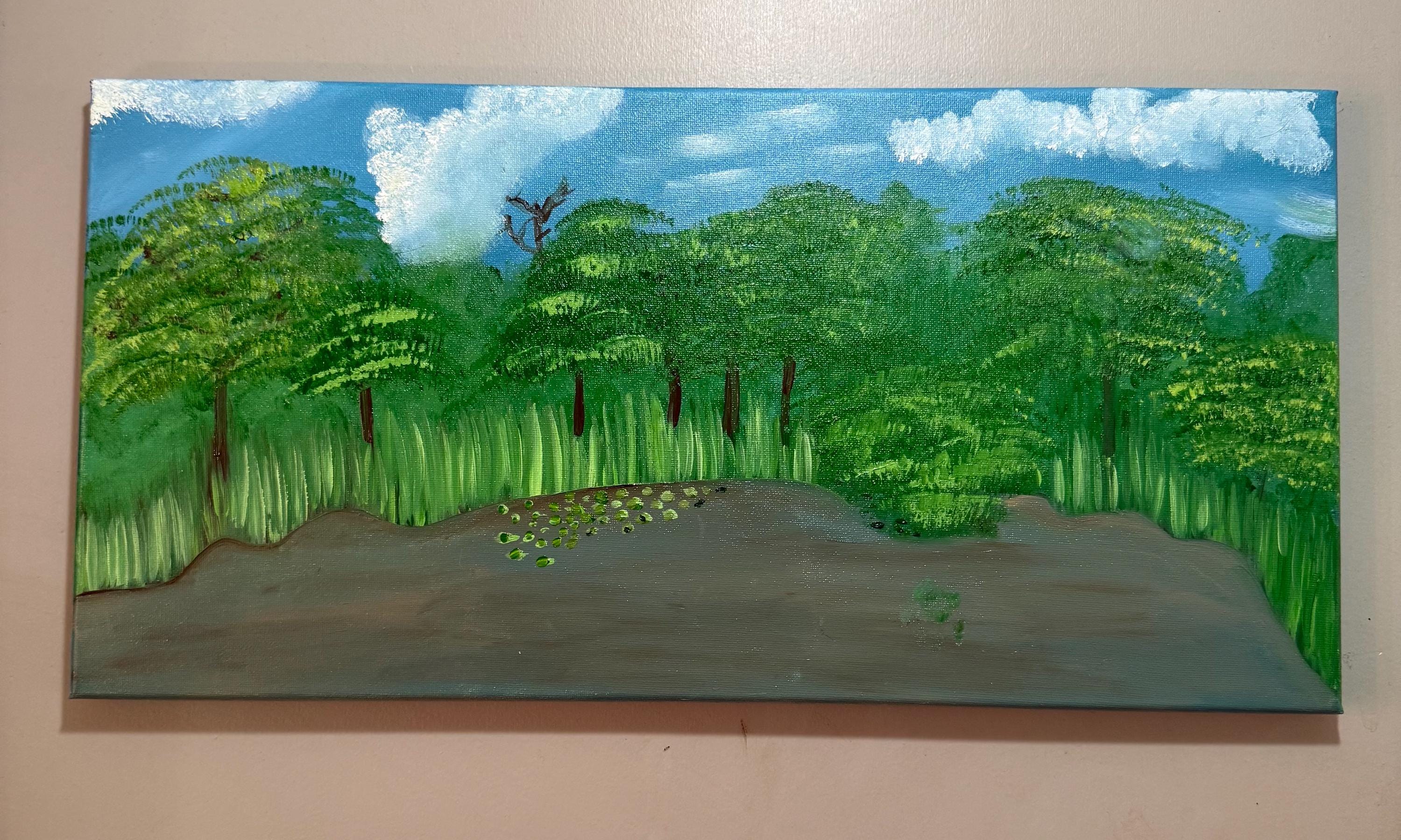 Hand-Painted Forest Landscape Canvas: Serene Trees, Earthy Pond, Blue Sky Art