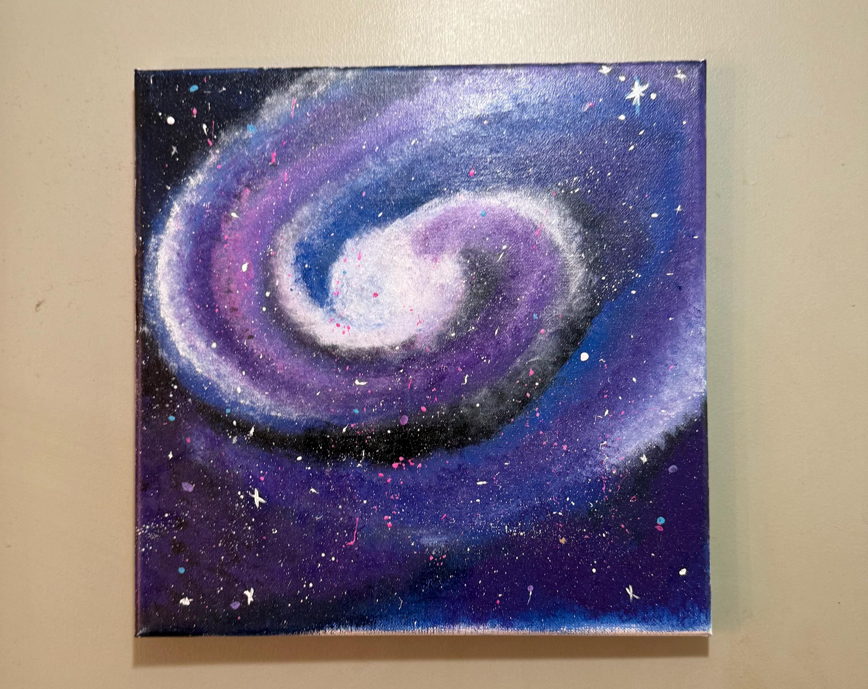 Hand-Painted Galaxy Spiral Artwork: Indigo, Violet, Blue Swirls, Stardust Accents