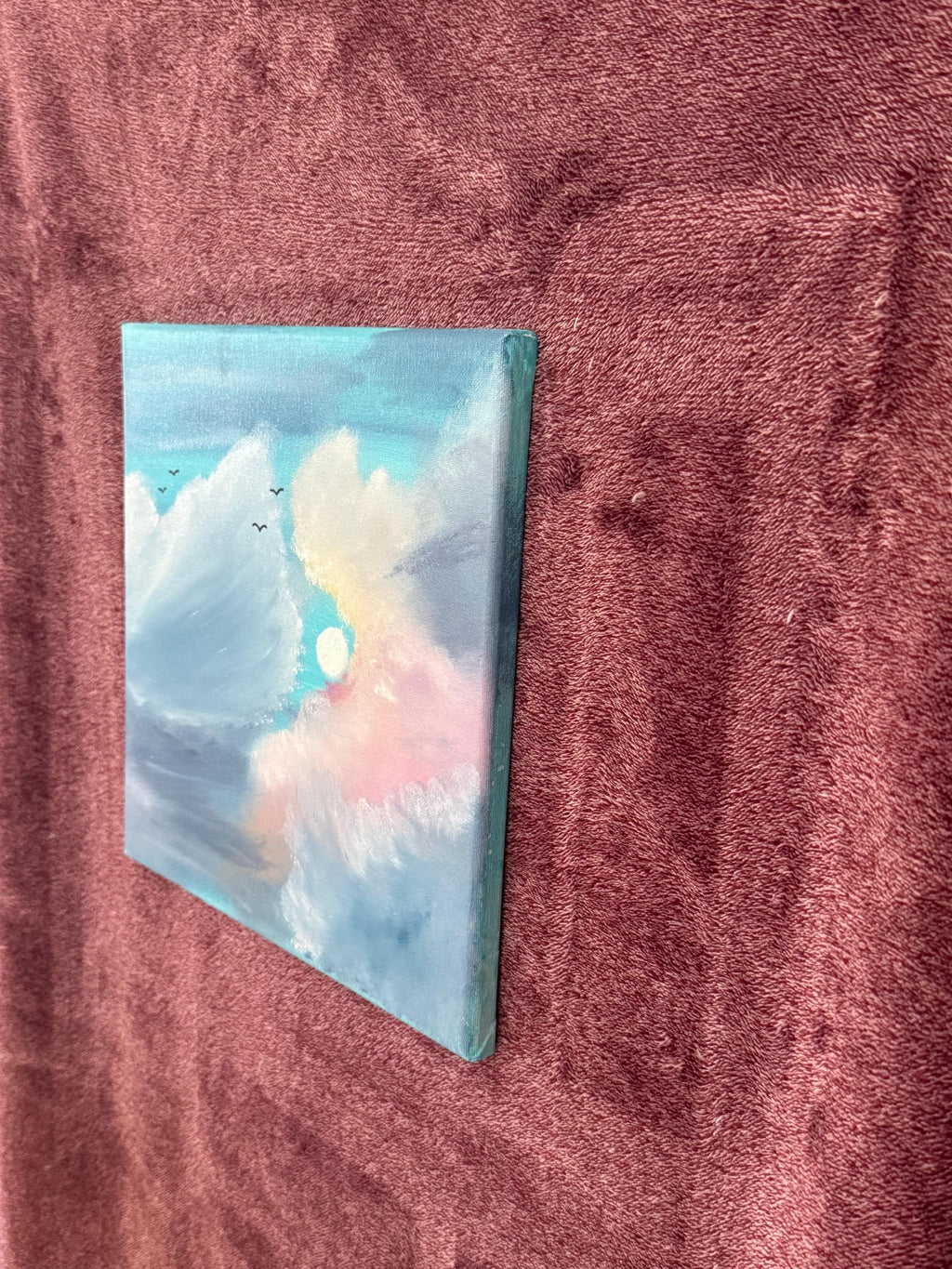 Original Hand-Painted Cloudscape: Ethereal Sky, Birds, Sunset Colors – Peaceful Wall Art