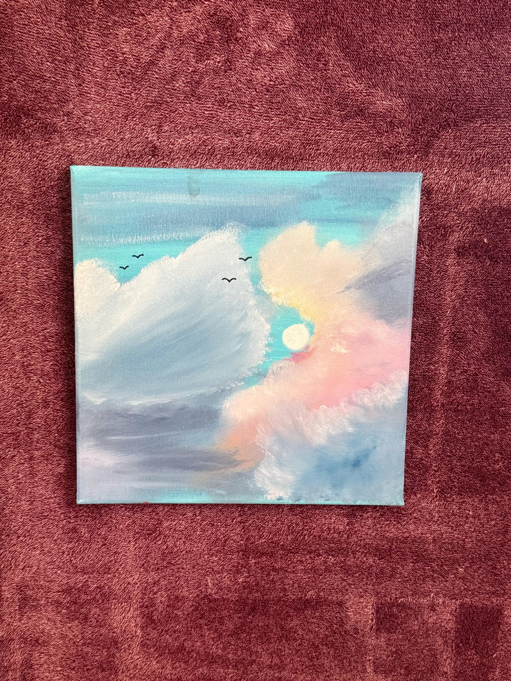 Original Hand-Painted Cloudscape: Ethereal Sky, Birds, Sunset Colors – Peaceful Wall Art