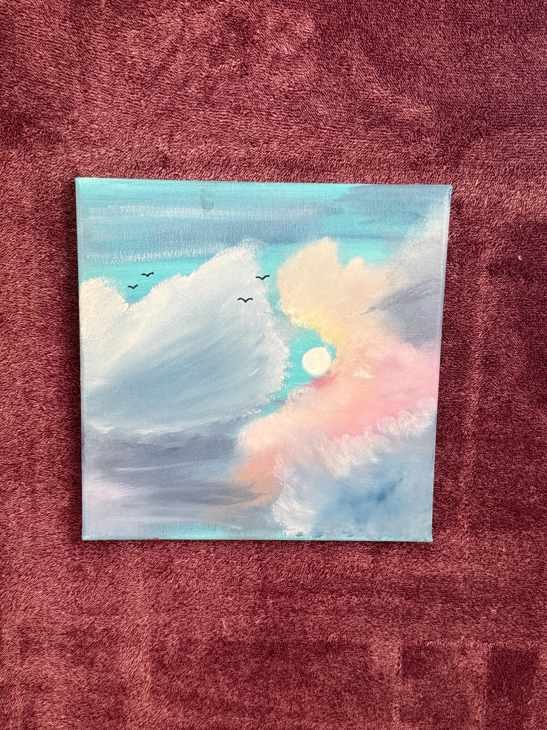 Original Hand-Painted Cloudscape: Ethereal Sky, Birds, Sunset Colors – Peaceful Wall Art
