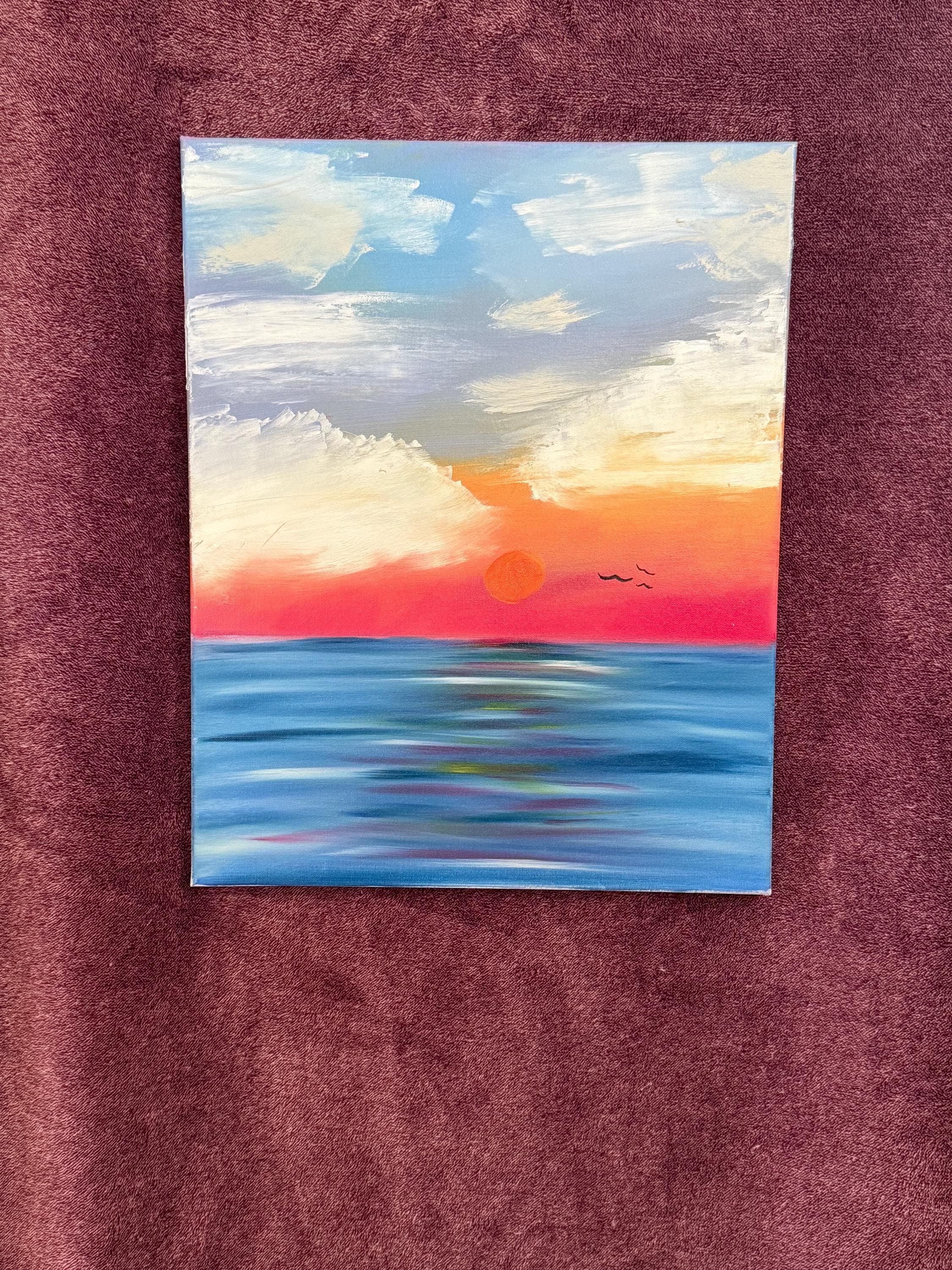 Hand-Painted Ocean Sunset Canvas Art: Fiery Horizon, Calm Waves, Serene Sky
