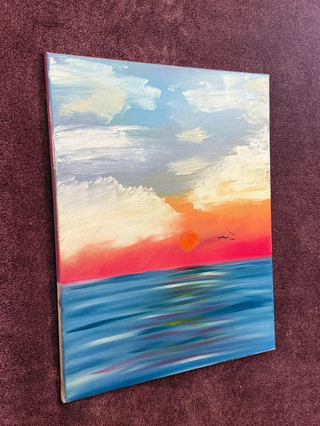 Hand-Painted Ocean Sunset Canvas Art: Fiery Horizon, Calm Waves, Serene Sky