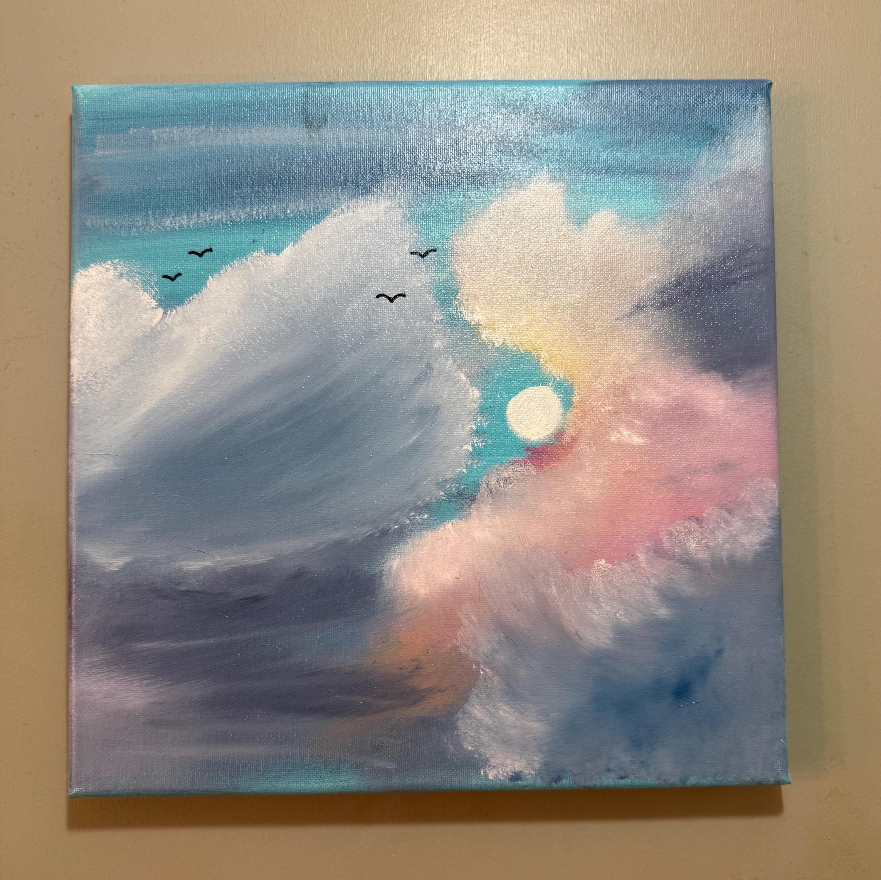 Original Hand-Painted Cloudscape: Ethereal Sky, Birds, Sunset Colors – Peaceful Wall Art