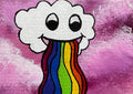 Smiling Cloud Rainbow Painting: Whimsical Cartoon Art, Pink Background